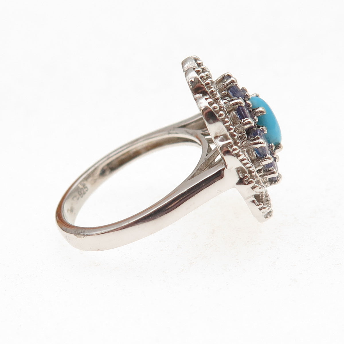 Chuck Clemency 925 Sterling Silver Real Turquoise & Tanzanite Floral Ring Size 7