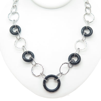 925 Sterling Silver Vintage Real Black Onyx Multi-Circle Chain Necklace 18"