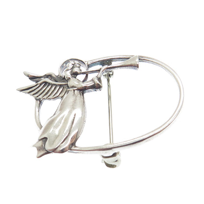 JEZLAINE 925 Sterling Silver Vintage Angel Playing Trumpet Flying Pin Brooch