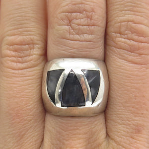 950 Silver Vintage Black Enamel Tribal Wide Ring Size 7