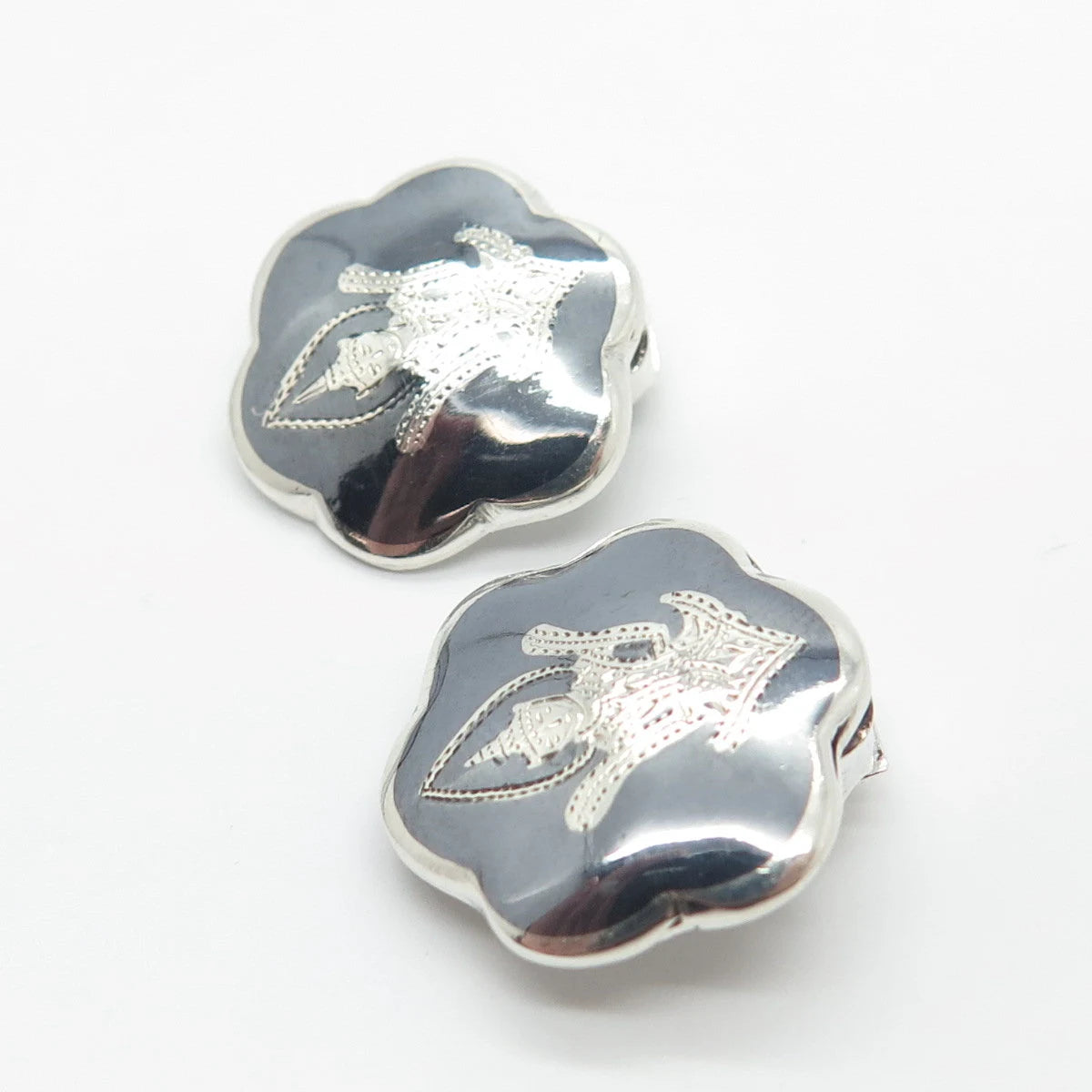 925 Sterling Silver Vintage Siam Enamel Niello Hindu Goddess Clip On Earrings