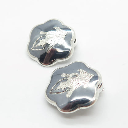 925 Sterling Silver Vintage Siam Enamel Niello Hindu Goddess Clip On Earrings