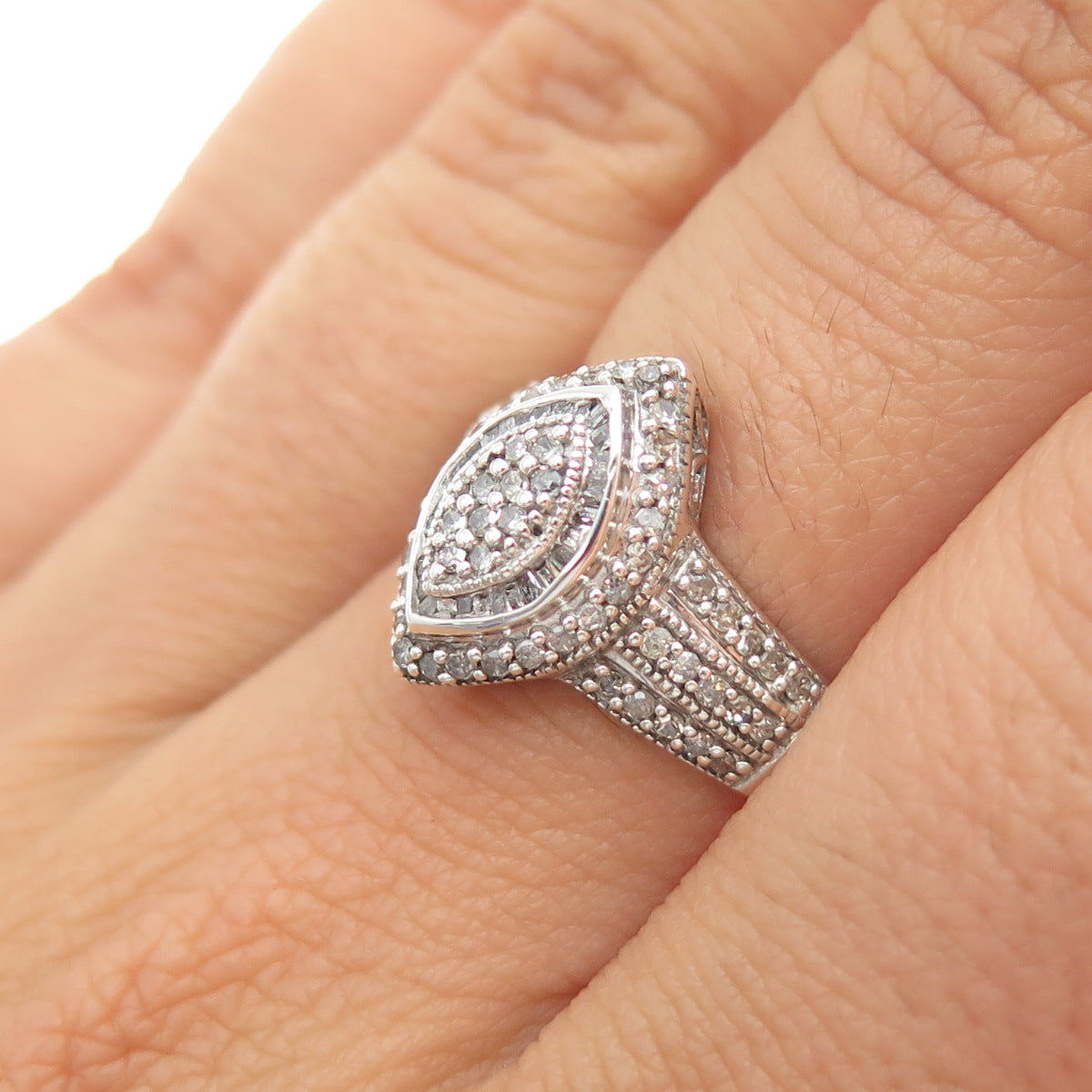 925 Sterling Silver Real Round & Tapered Baguette-Cut Diamond Ring Size 6.75