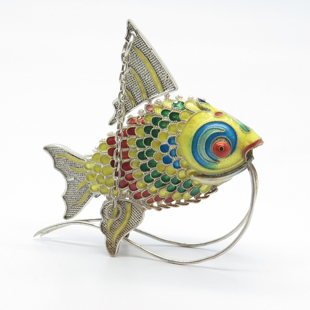 925 Sterling Silver Antique Enamel Chinese Koi Fish Articulated Chatelaine Fob