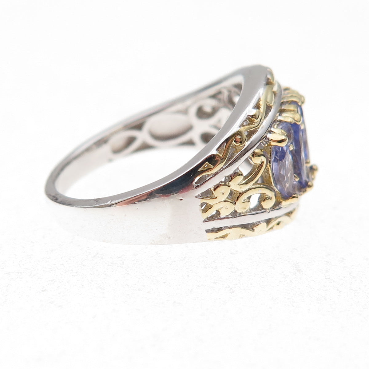925 Sterling Silver 2-Tone Real Oval & Round-Cut Tanzanite Ring Size 8.25