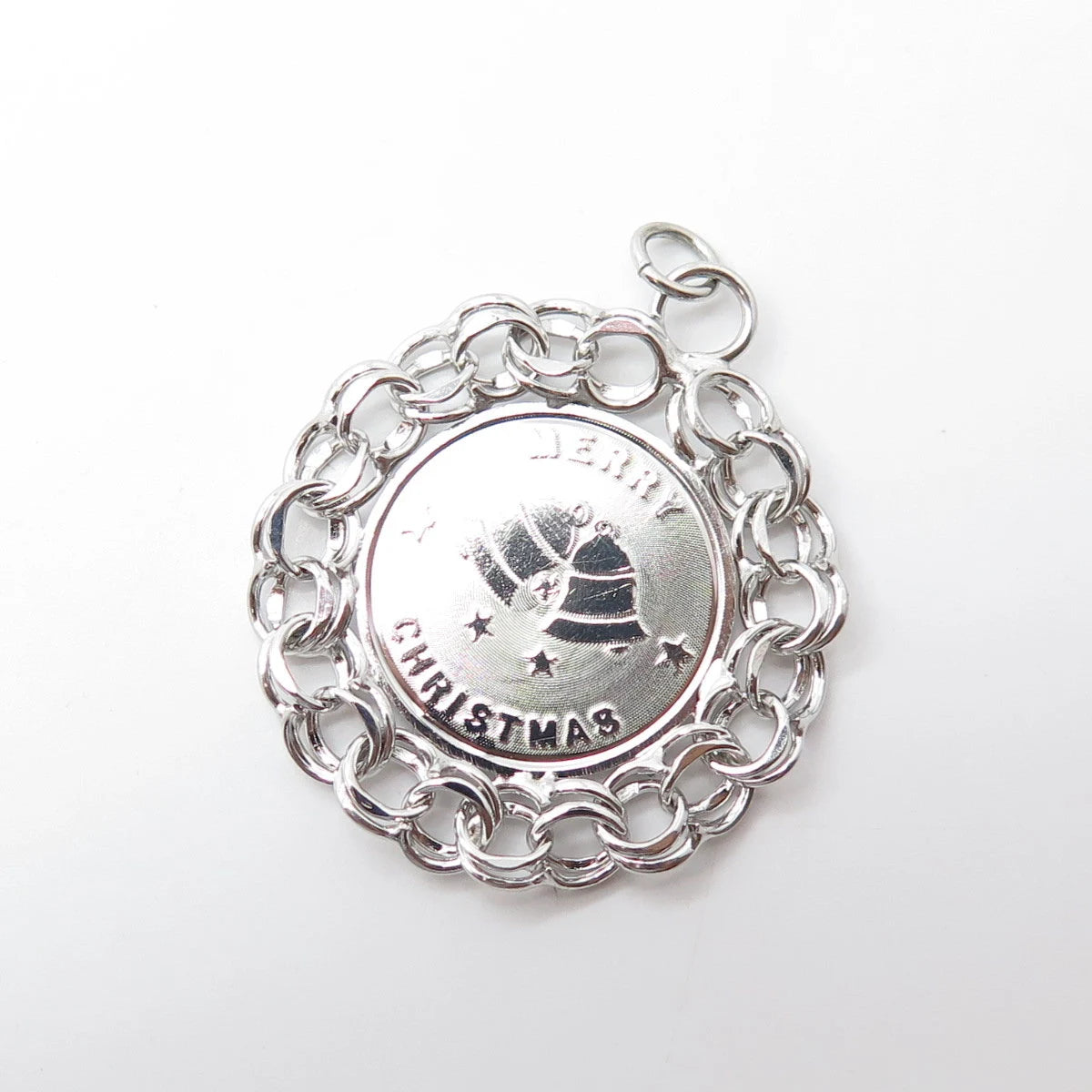 925 Sterling Silver Antique Art Deco A-American Merry Christmas Round Pendant