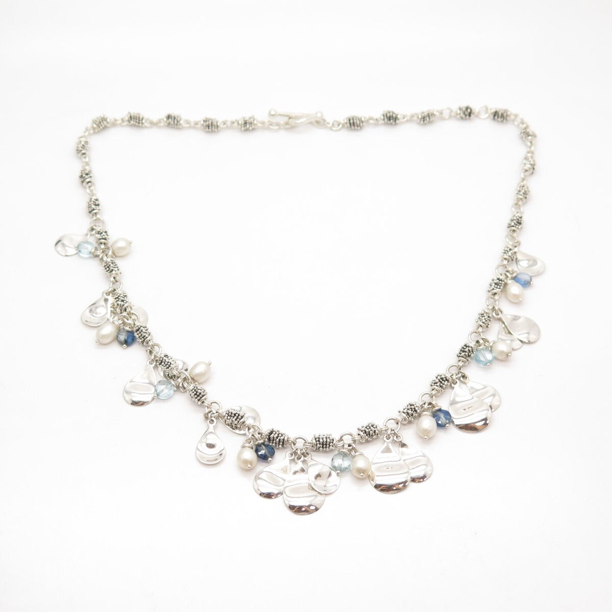 925 Sterling Silver Vintage M. Dawkins Real Pearl & Topaz Gem Chain Necklace 20"