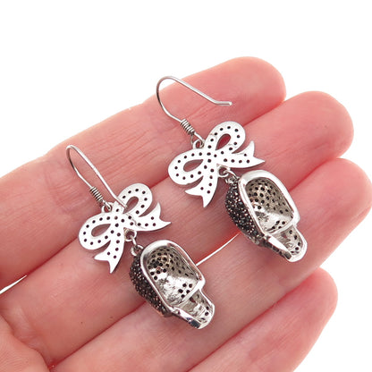 925 Sterling Silver Real Round-Cut Black Spinel Skull & Bow Dangle Earrings