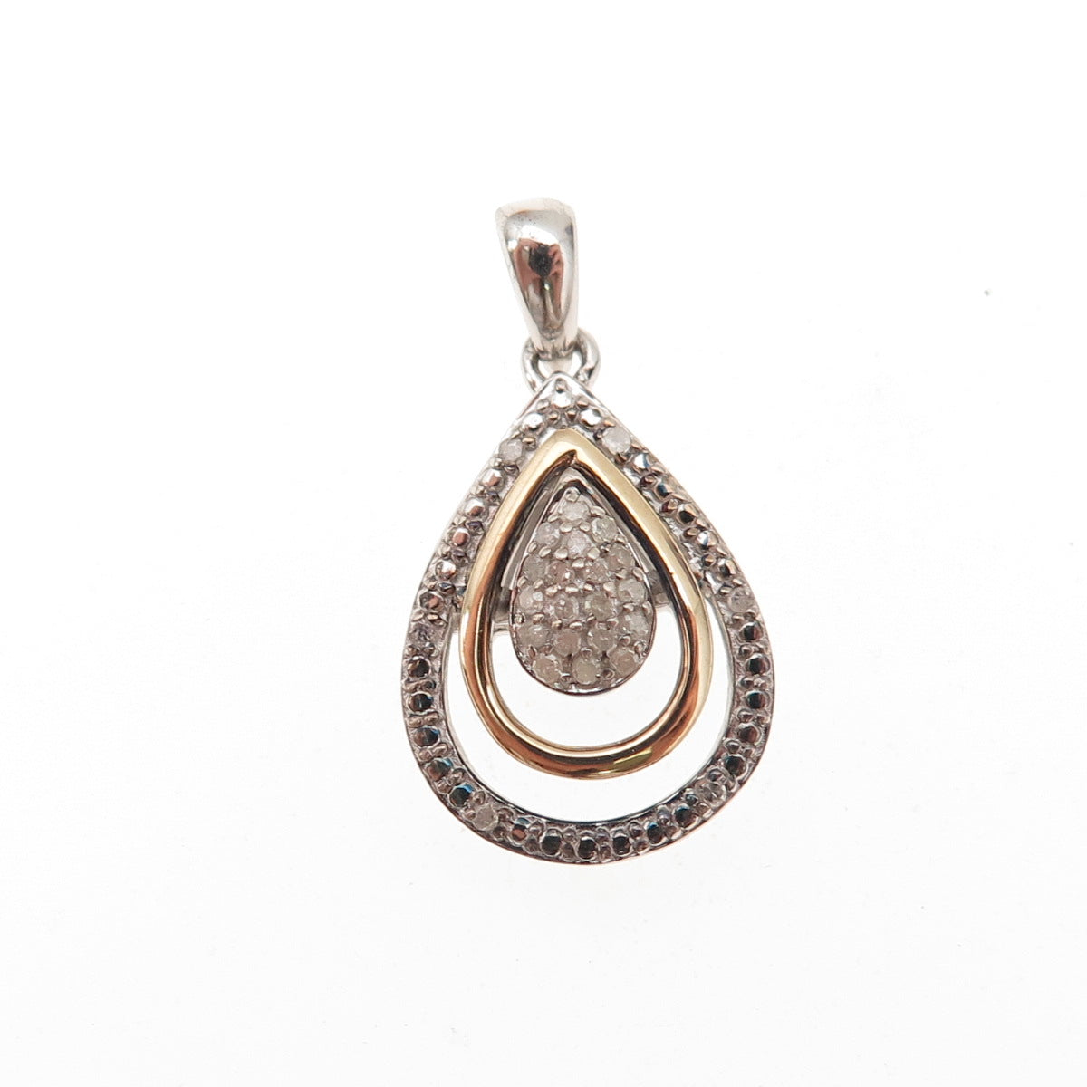 925 Sterling Silver 14K Gold Real Round-Cut Diamond Teardrop Charm Pendant