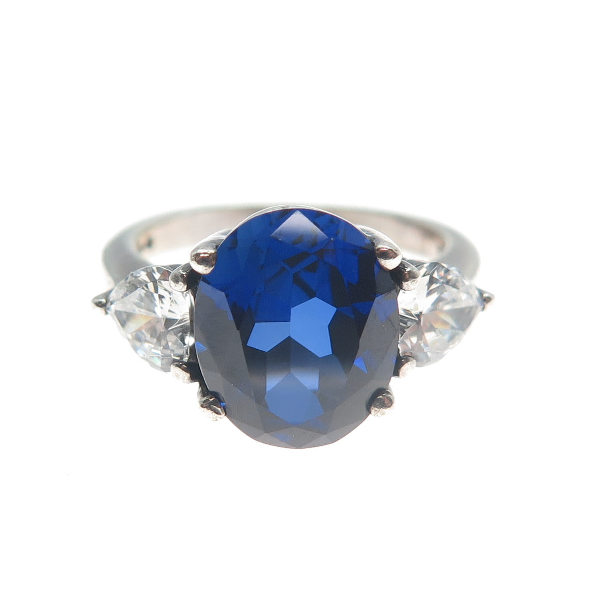 925 Sterling Silver Lab-Created Oval-Cut Sapphire & Heart-Cut C Z Ring Size 6