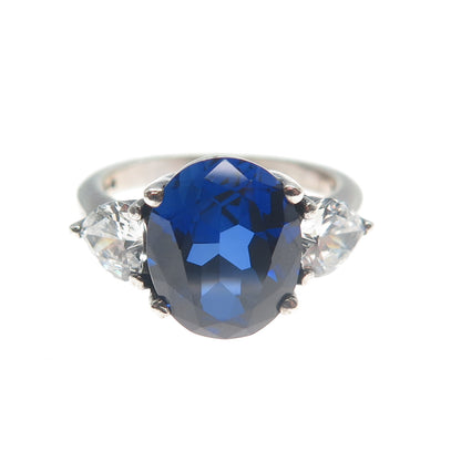 925 Sterling Silver Lab-Created Oval-Cut Sapphire & Heart-Cut C Z Ring Size 6