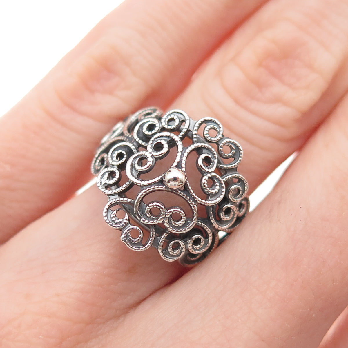 Beau Sterling Silver Antique Art Deco Heart Filigree Adjustable Ring Size 6.25