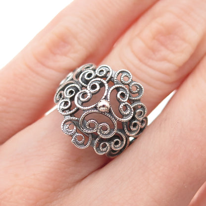 Beau Sterling Silver Antique Art Deco Heart Filigree Adjustable Ring Size 6.25