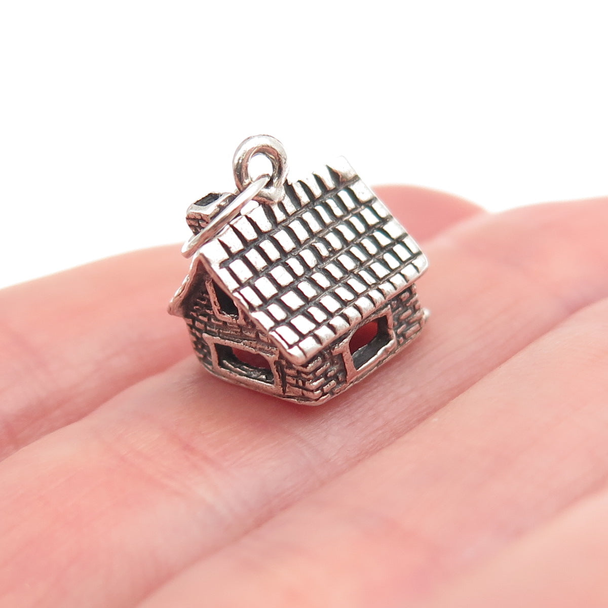 925 Sterling Silver Vintage Old House Oxidized 3D Mini Charm Pendant