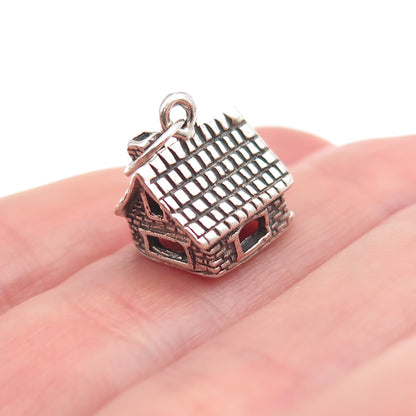 925 Sterling Silver Vintage Old House Oxidized 3D Mini Charm Pendant