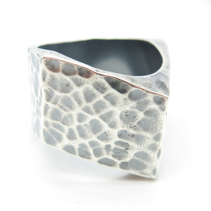925 Sterling Silver Vintage Hammered Finish Modernist Ring Size 9