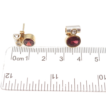 925 Sterling Silver 2-Tone Vintage Real Red Garnet & C Z Modernist Stud Earrings