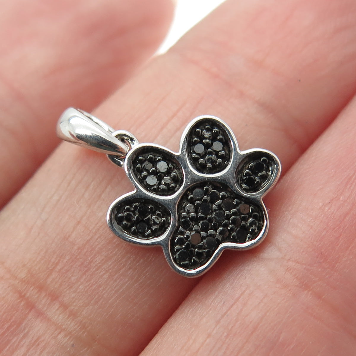 SUN 925 Sterling Silver Real Round-Cut Black Diamond Dog Paw Minimalist Pendant