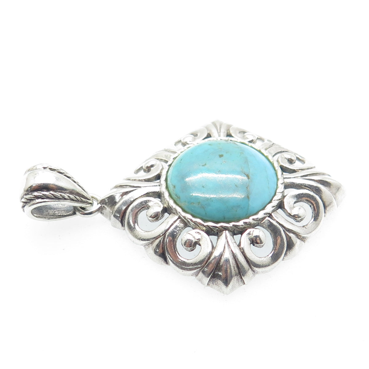 NK SILVER 925 Sterling Silver Vintage Real Cabochon Turquoise Ornate Pendant