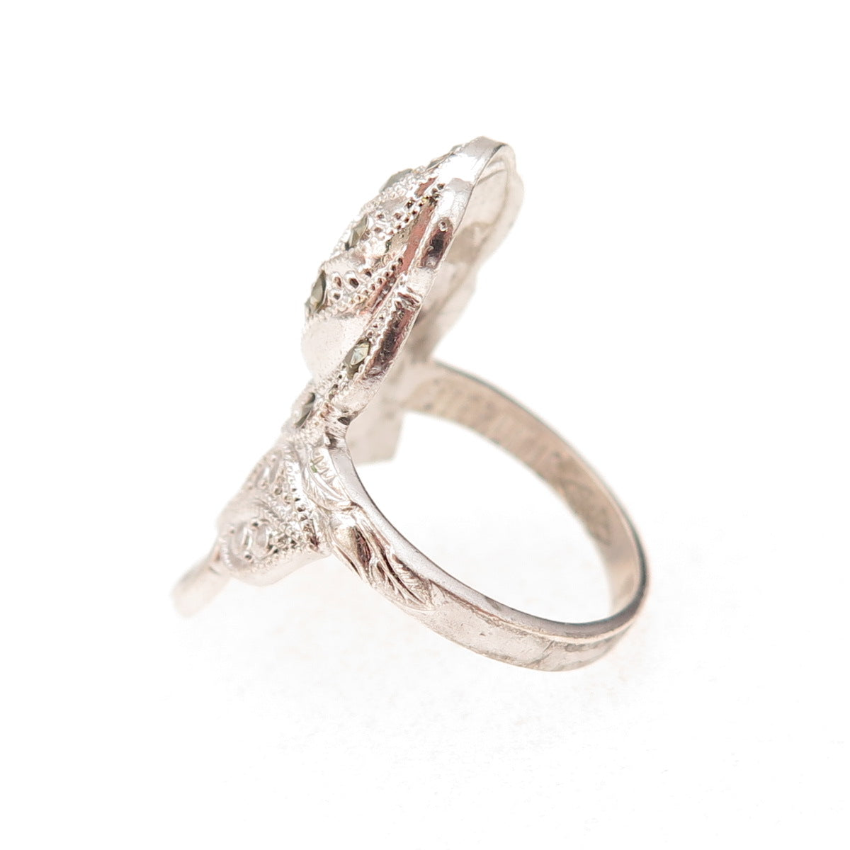 Clark & Coombs Sterling Silver Antique Art Deco Real Marcasite Rose Ring Size 5