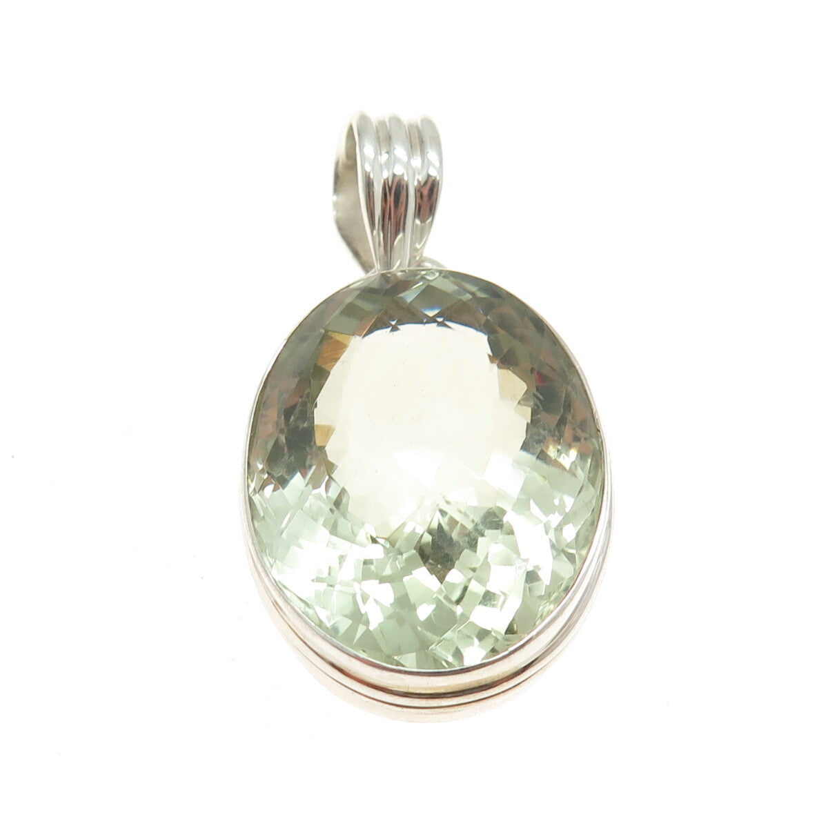 925 Sterling Silver Vintage Real Oval-Cut Green Amethyst Pendant