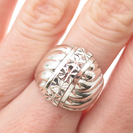 Beverly Hills 925 Sterling Silver Vintage Diamond-Cut Modernist Ring Size 7
