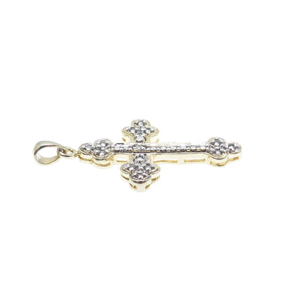 925 Sterling Silver 2-Tone Real Round-Cut Diamond Cross Charm Pendant