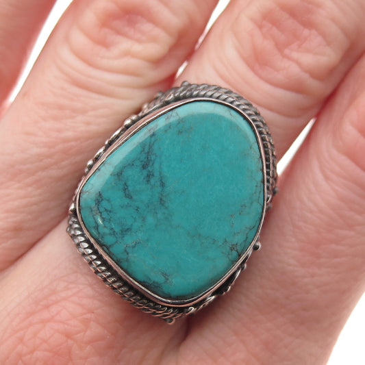 925 Sterling Silver Vintage Real Kingman Turquoise Floral Oxidized Ring Size 8