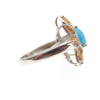 Chuck Clemency 925 Sterling Silver Real Turquoise Citrine Floral Ring Size 8.25