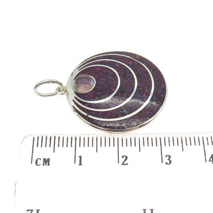 925 Sterling Silver Vintage Real Sugilite Inlay & Amethyst Modernist Pendant