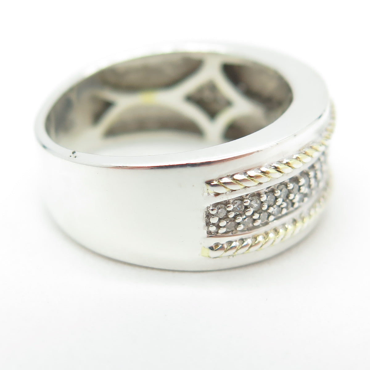 925 Sterling Silver 2-Tone Real Round-Cut Diamond Roped Ring Size 6