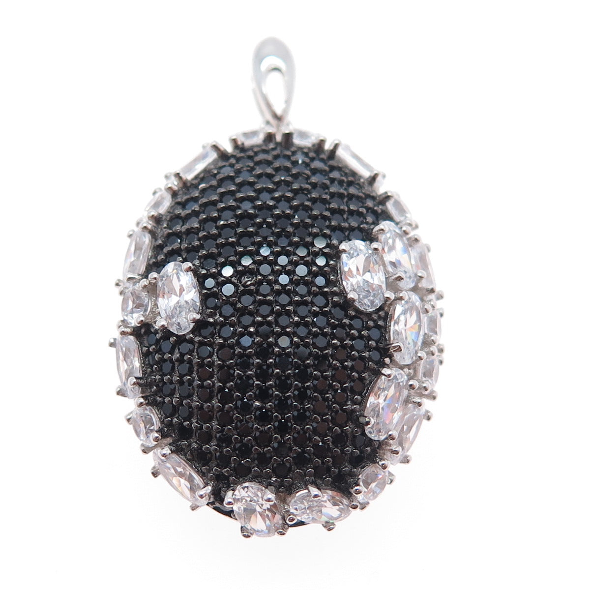 925 Sterling Silver Real Round-Cut Black Spinel & Oval-Cut C Z Charm Pendant