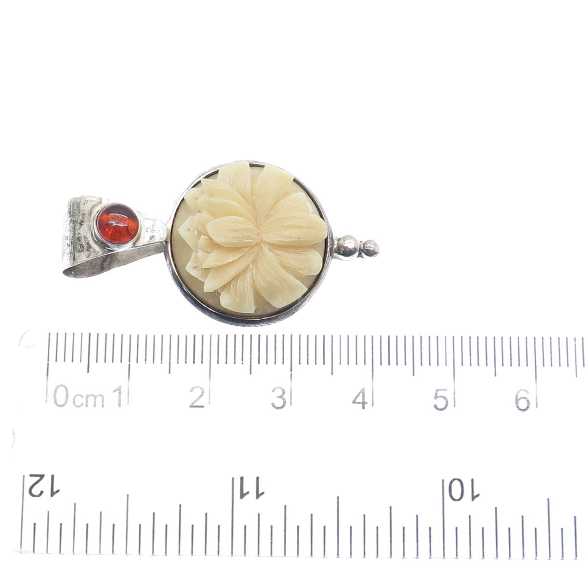 925 Sterling Silver Vintage Real Red Amber & Carved MOP Flower Pendant