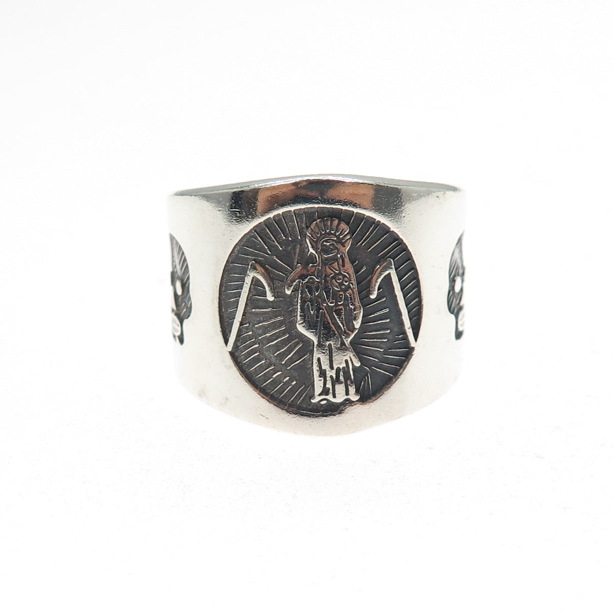 925 Sterling Silver Vintage Santa Muerte Oxidized Ring Size 8.75