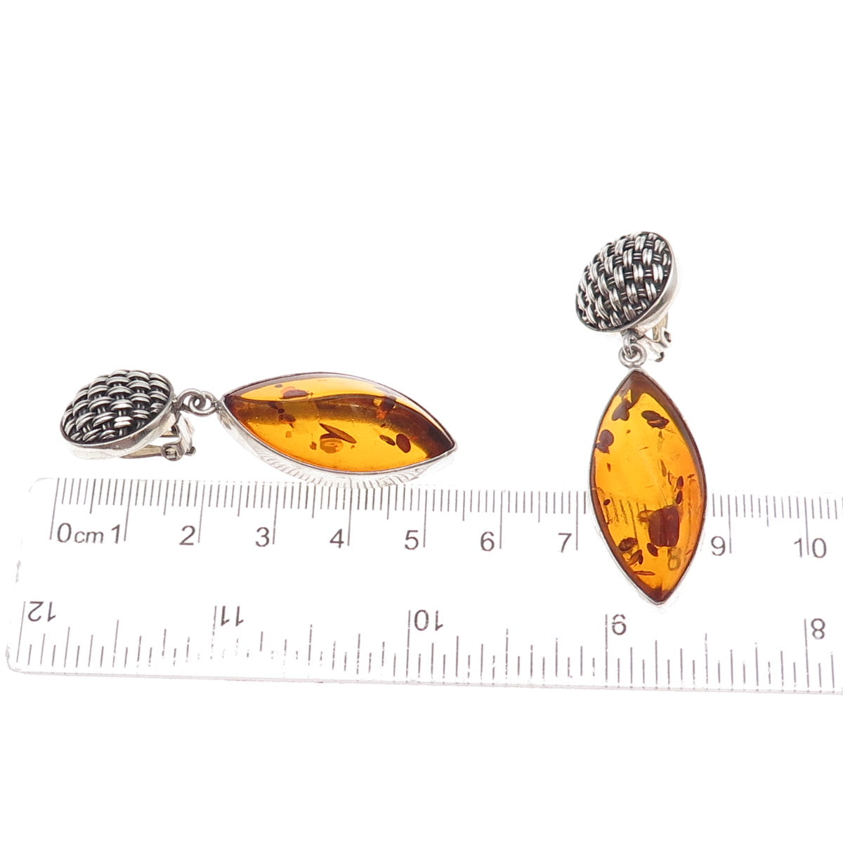 Lori Bonn 925 Sterling Silver Vintage Real Amber Modernist Clip On Earrings