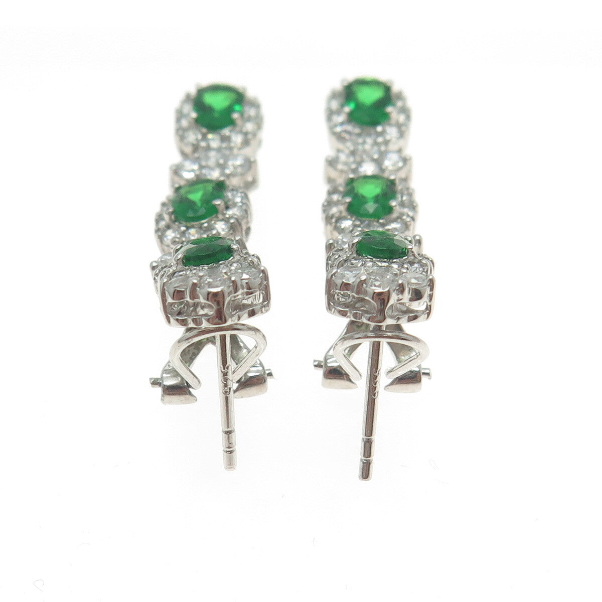 925 Sterling Silver Oval-Cut Nano Emerald & Round C Z Omega Back Earrings