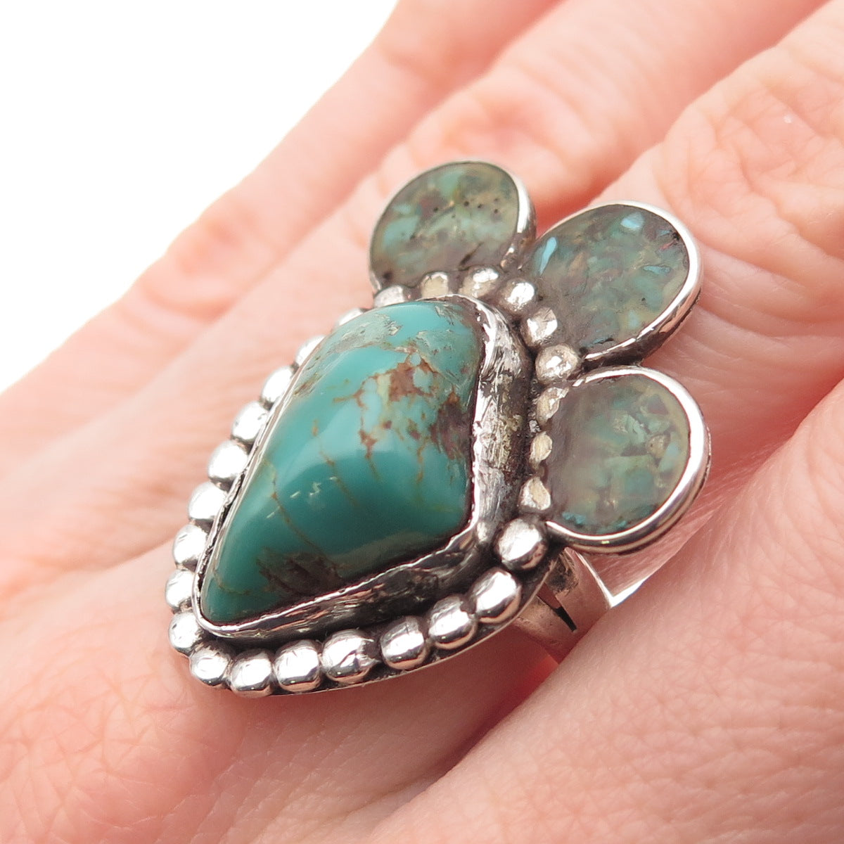 Old Pawn 925 Sterling Silver Vintage Kingman Turquoise Inlay Tribal Ring Size 8