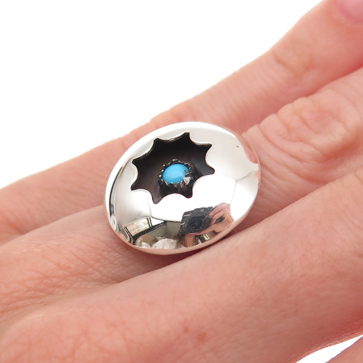 Old Pawn Sterling Silver Vintage Southwestern Turquoise Shadow Box Ring Size 5