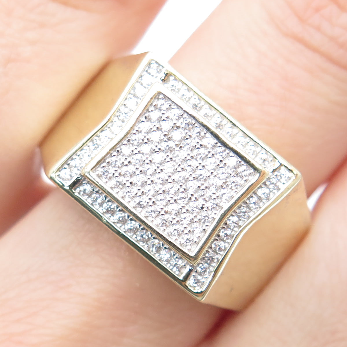925 Sterling Silver Gold Plated Round-Cut Shaped C Z Signet Wide Ring Size 10.25