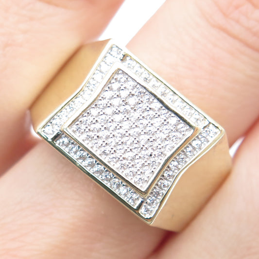 925 Sterling Silver Gold Plated Round-Cut Shaped C Z Signet Wide Ring Size 10.25