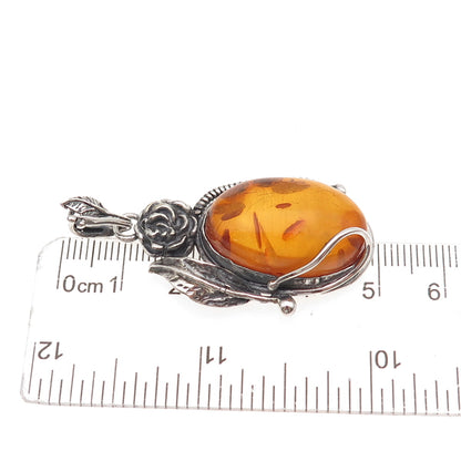 925 Sterling Silver Vintage Real Amber Rose Floral Oxidized Charm Pendant