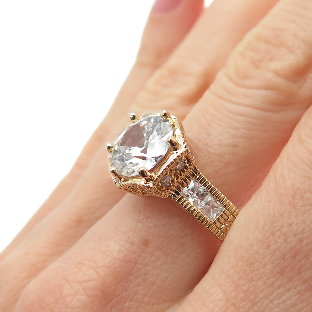 925 Sterling Gold Plated Round & Princess-Cut C Z Engagement Ring Size 10.25