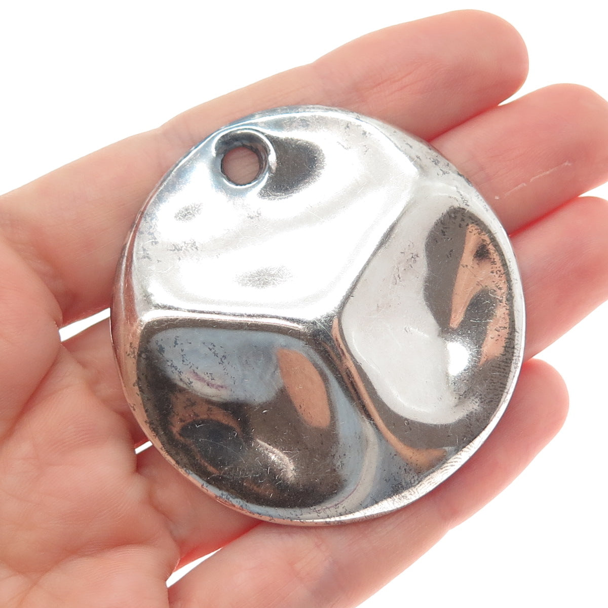 925 Sterling Silver Vintage Modernist Hammered Disc Oxidized Pendant