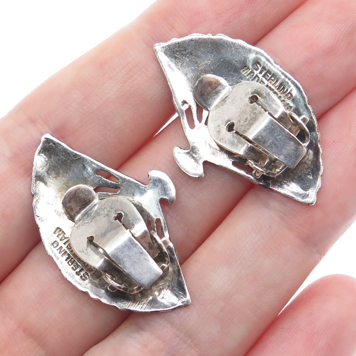 925 Sterling Silver Vintage Siam Niello Fan Clip On Earrings