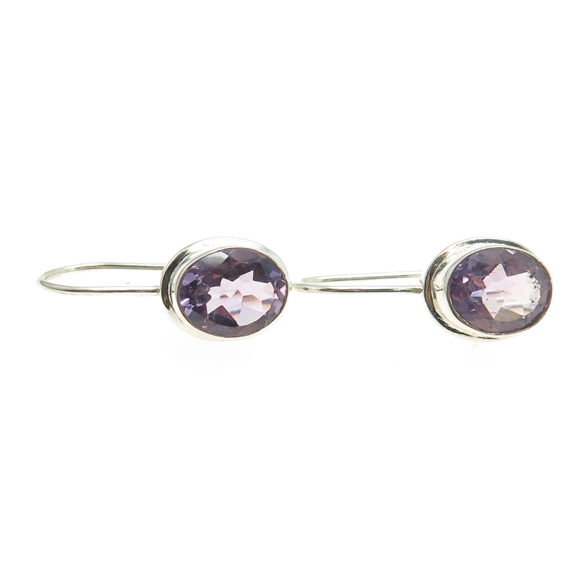 925 Sterling Silver Vintage Real Oval-Cut Amethyst French Wire Earrings