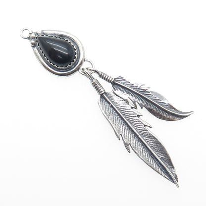 Old Pawn 925 Sterling Silver Southwestern Real Black Onyx Feather Tribal Pendant