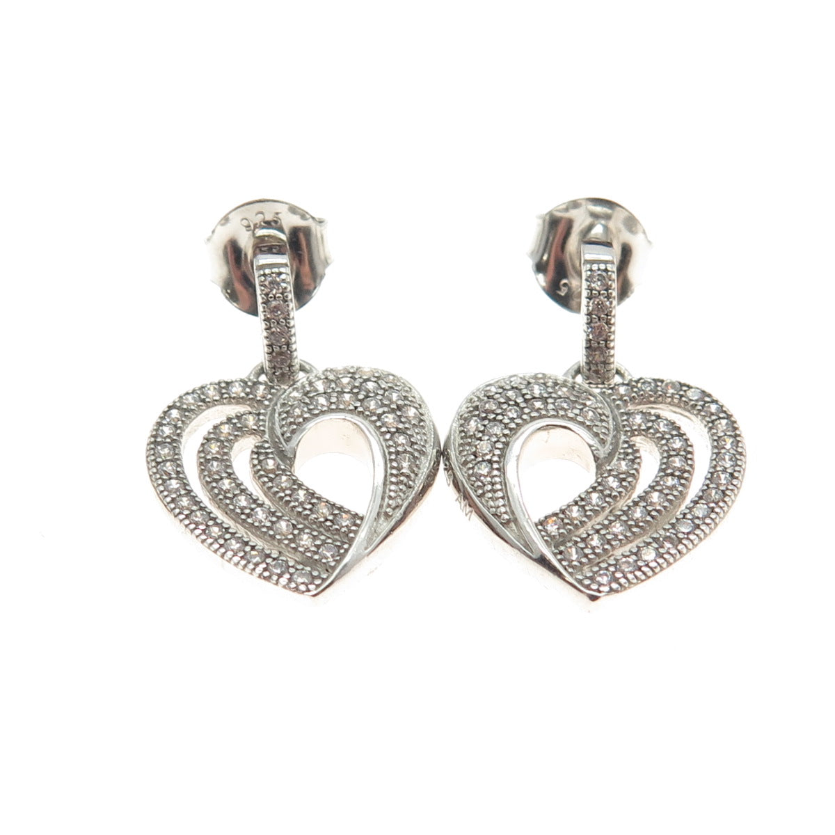 925 Sterling Silver Pave C Z Heart Dangling Earrings