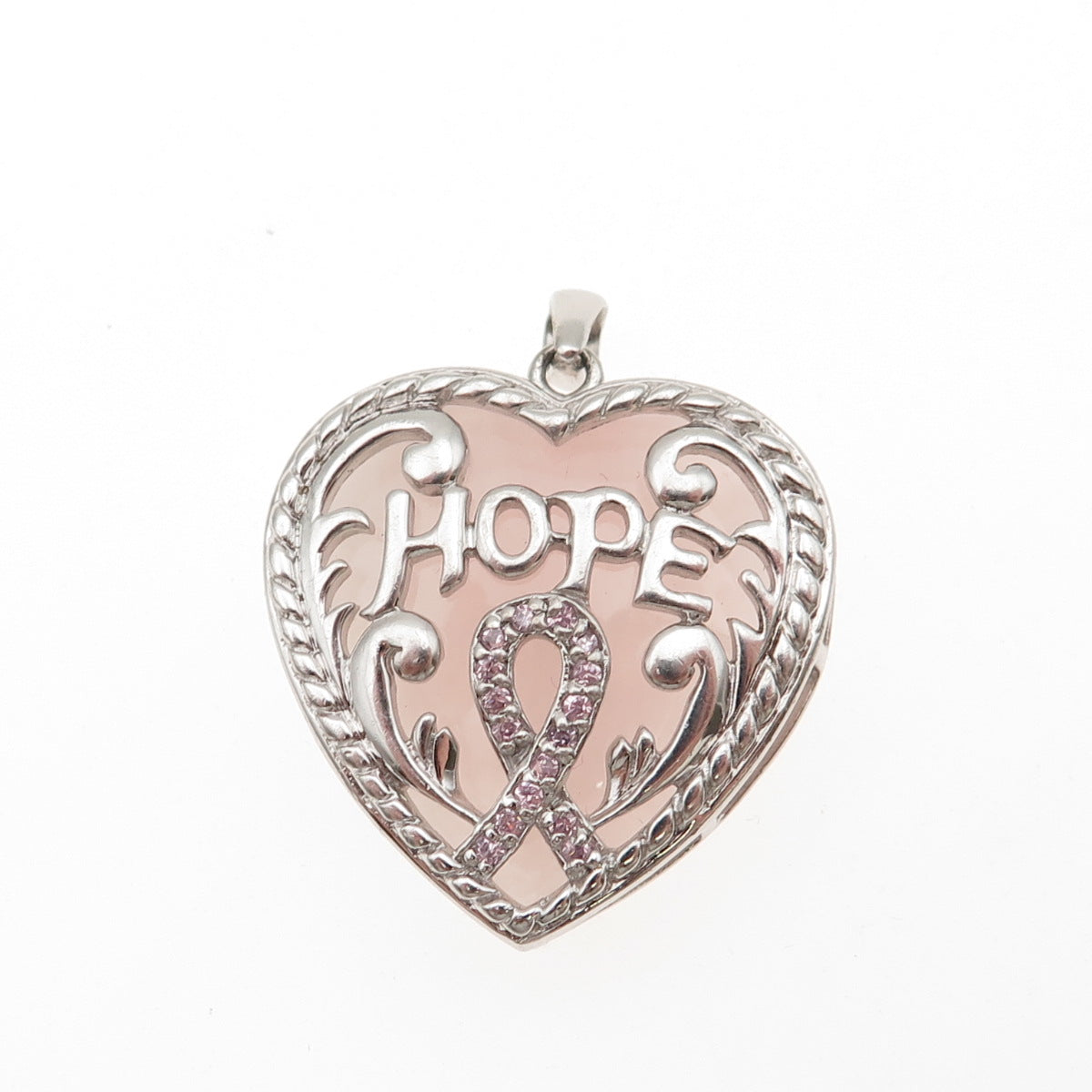925 Sterling Real Rose Quartz & C Z Breast Cancer Awareness Hope Heart Pendant