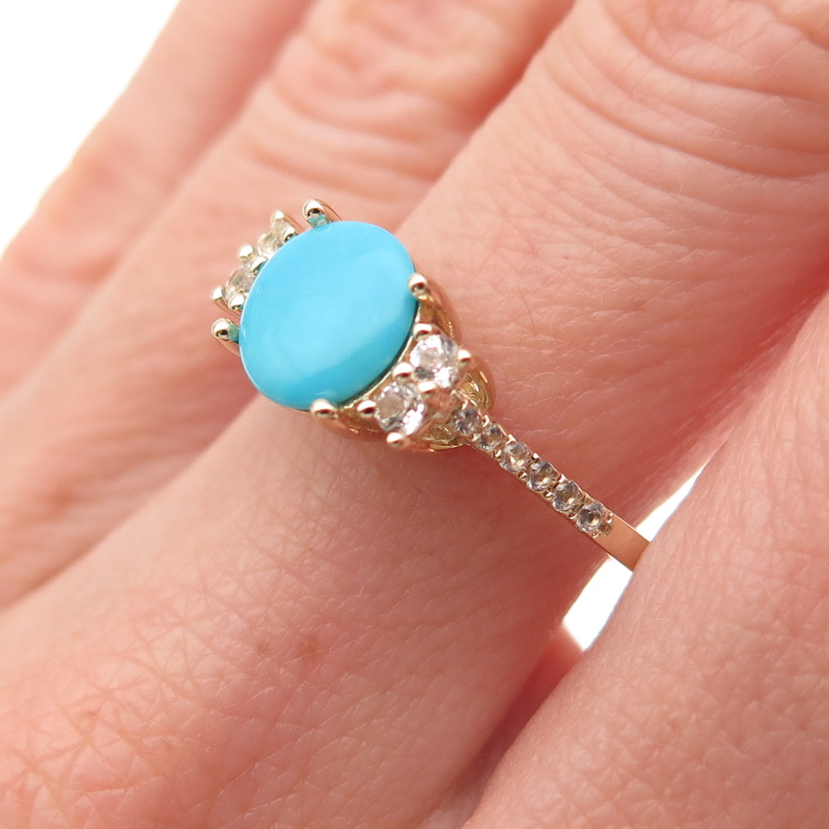 Tehya Oyama 925 Sterling Gold Plated Real Turquoise & White Topaz Ring Size 8.25