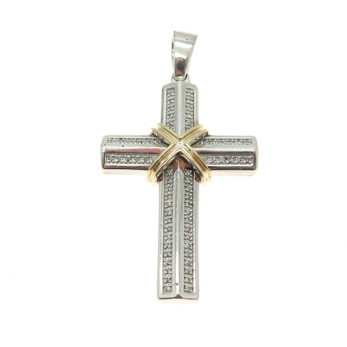 925 Sterling Silver & 10K Gold Real Round-Cut Diamond Cross Pendant